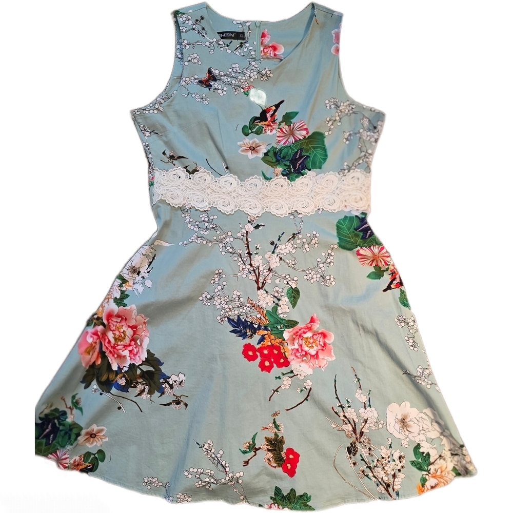 Women's Green Sleeveles Floral Lace Flared A-Line Party Wedding Casual Dress- XL